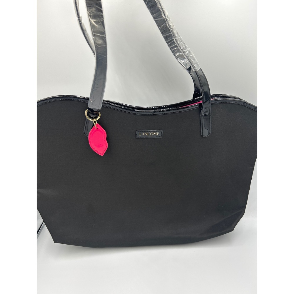 Lancome Paris Black Nylon‎ Tote Bag Scalloped Patent Trim Pink Lip Charm New